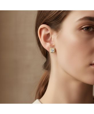 CZ Halo Princess Cut Cubic Zirconia Statement Stud Clip On Earrings Gold Plated