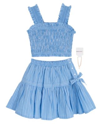 Girls' 7-16 Smocked Top With Ruffled Straps and Skort, 3-Piece Set 