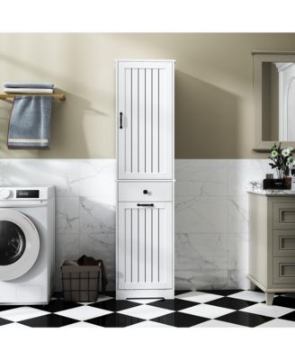 Tall Bathroom Storage Cabinet, Tilt Out Laundry Hamper Cabinet with Adjustable Three-Layer Shelves, 1 Drawer, 1 Tilt Out Baskets for Bathroom