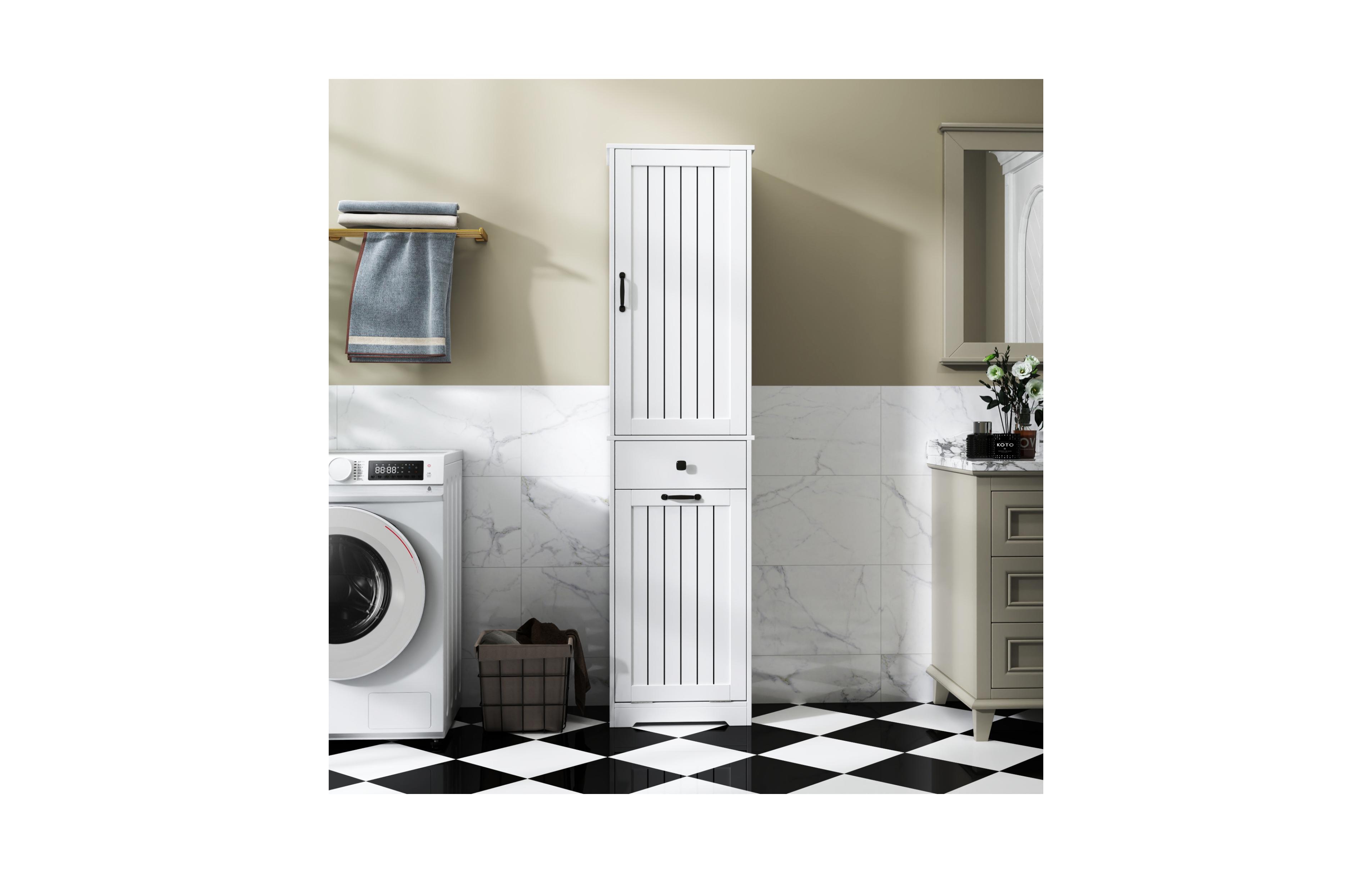 Rainsken Tall Bathroom Storage Cabinet, Tilt Out Laundry Hamper Cabinet with Adjustable Three-Layer Shelves, 1 Drawer, 1 Tilt Out Baskets for Bathroom