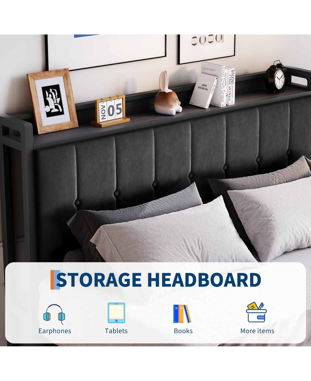 gaomon Upholstered Bed with Button Tufted Wingback Storage Headboard