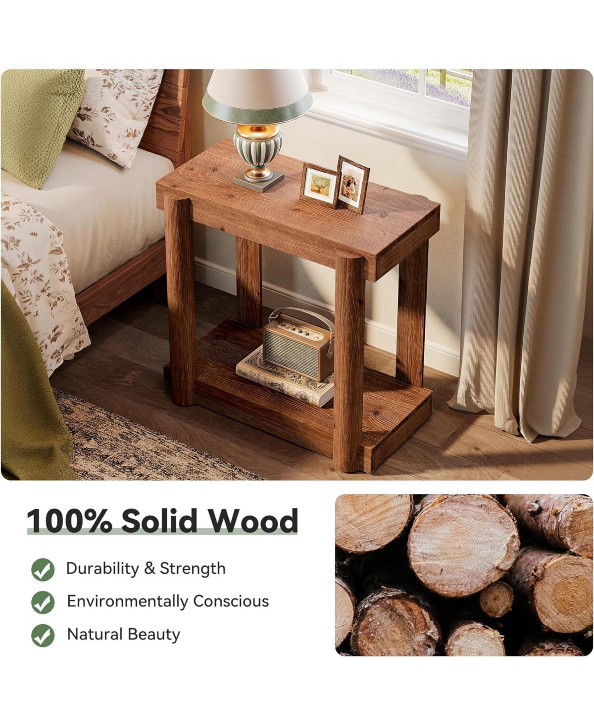 Tribesigns Solid Wood End Table Set of 2, Farmhouse Side Table with 2-Tier Storage Shelf, Rectangle Bedside Tables Accent Nightstand