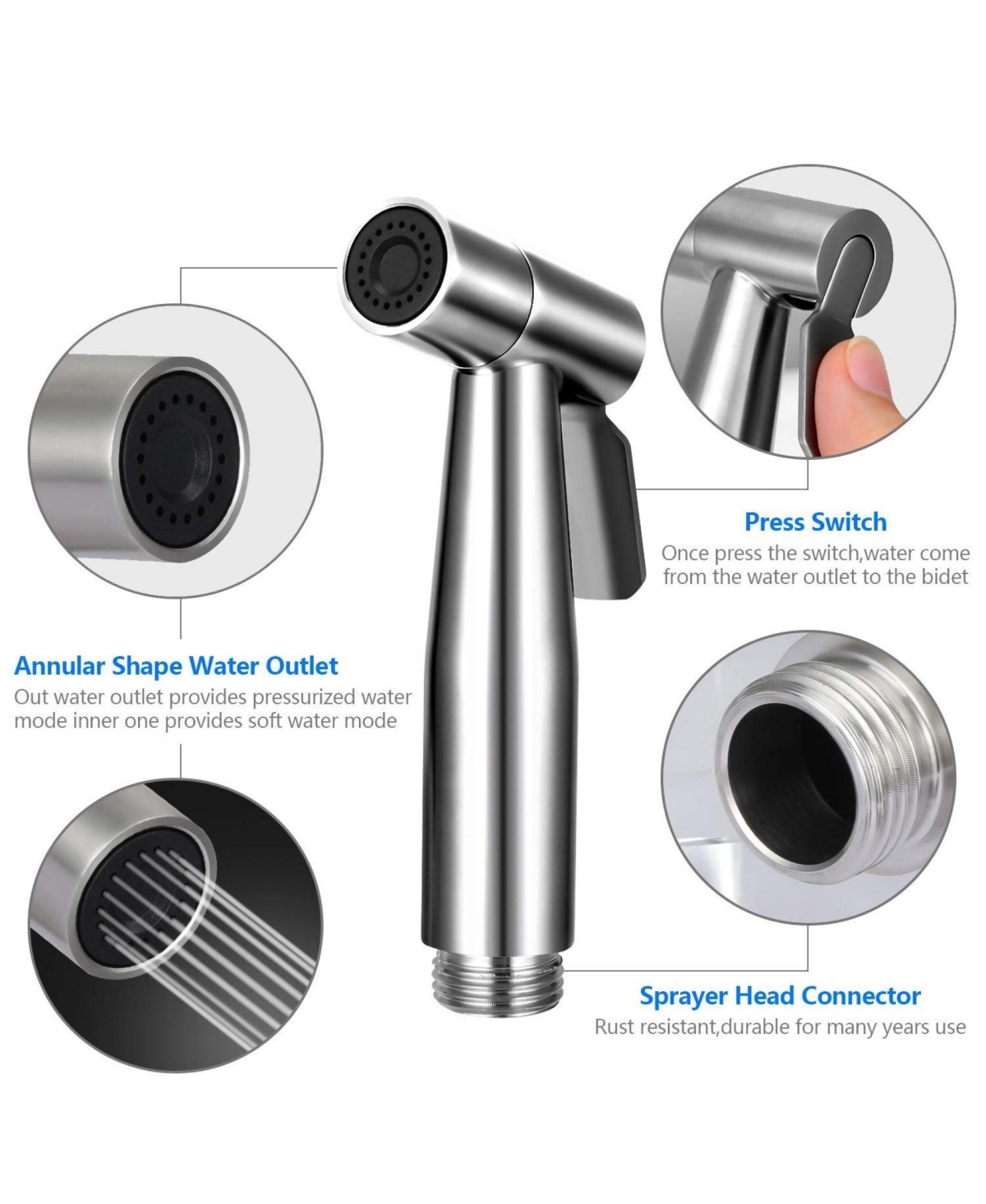 Rainsken Handheld Toilet Bidet Sprayer Set Kit, Self Cleaning Hand Stainless Steel Bidet faucet for Bathroom