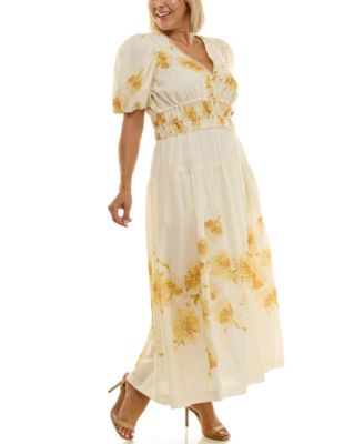 Women's Plus Size Puff-Sleeve Placement Print Maxi Dress