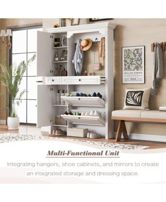 54.7'' Hall Tree, 4-in-1 MDF Entryway Coat Rack with 4 Hooks, Shoe Cabinet and Mirrored Cabinet for Entrance, Living Room