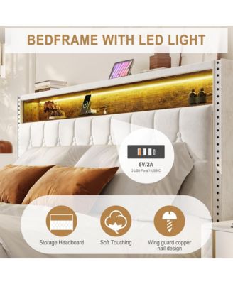 Upholstered Bed Frame with LED Lights and Charging Station, Platform Bed with Shelf Headboard