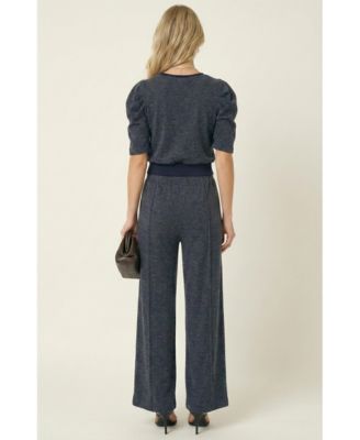 Women's Puff Sleeve Knit Top and Wide Leg Pants Set
