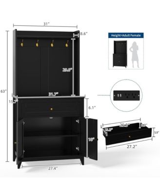 63"Kitchen Pantry Storage Cabinet with Outlet,with Microwave Shelf & 4 Hooks, Door Shelves & Drawer