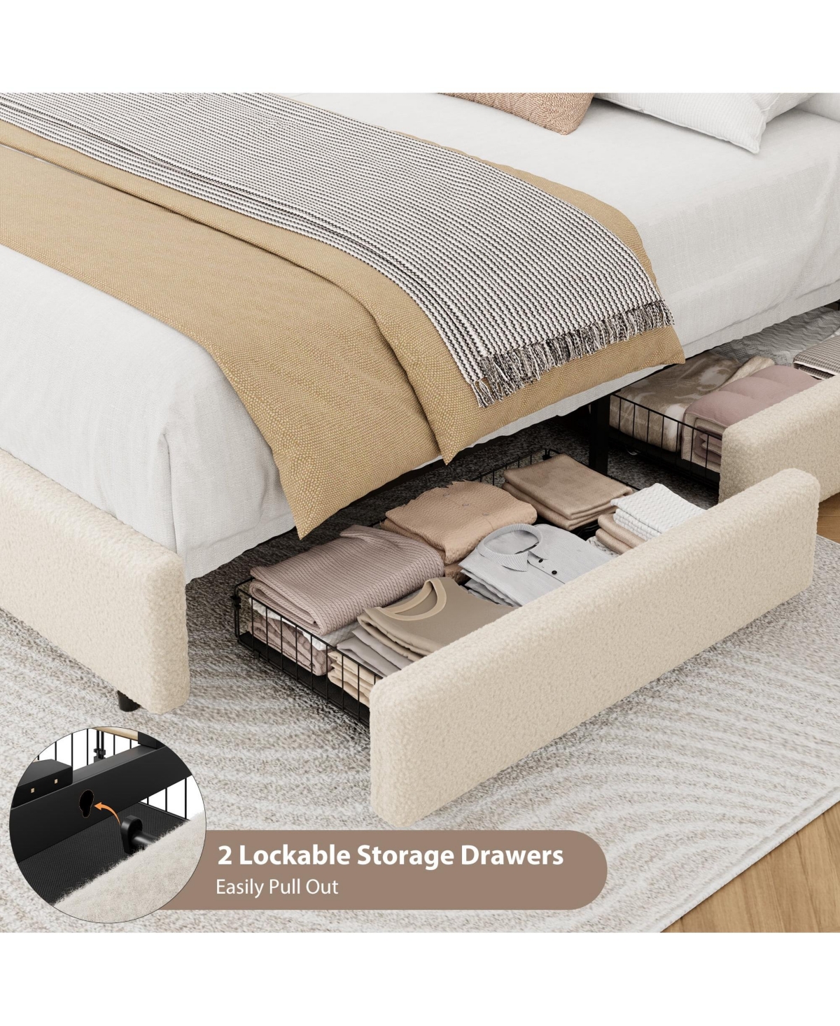 gaomon Teddy Fleece Bed Frame, Cloud Cream Bed Frame with 2 Storage Drawer and Adjustable Headboard