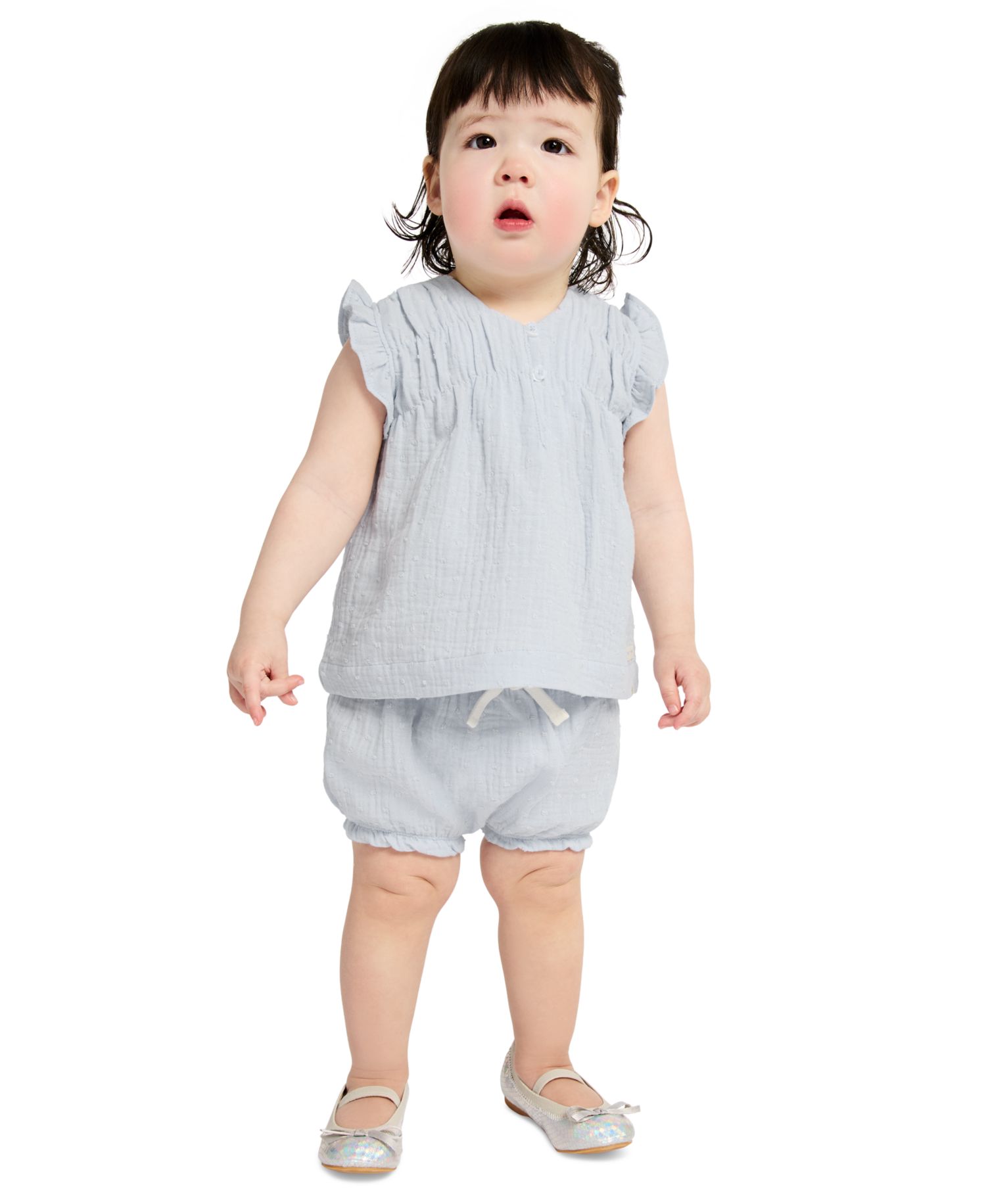 Baby Girls' Woven Clip-Dot Ruffle Trim Top & Bloomers, 2-Piece Set
