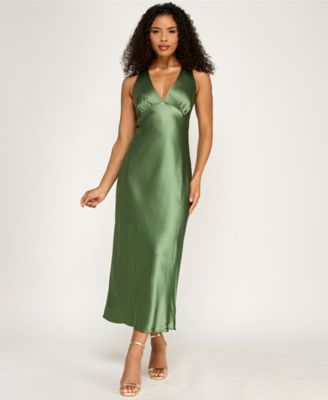 Juniors' V-Neck A-Line Satin Midi Dress