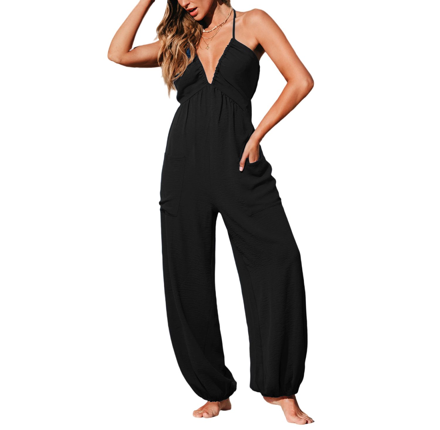 Women's V-Neck Zipper Closure Unlined Jumpsuit