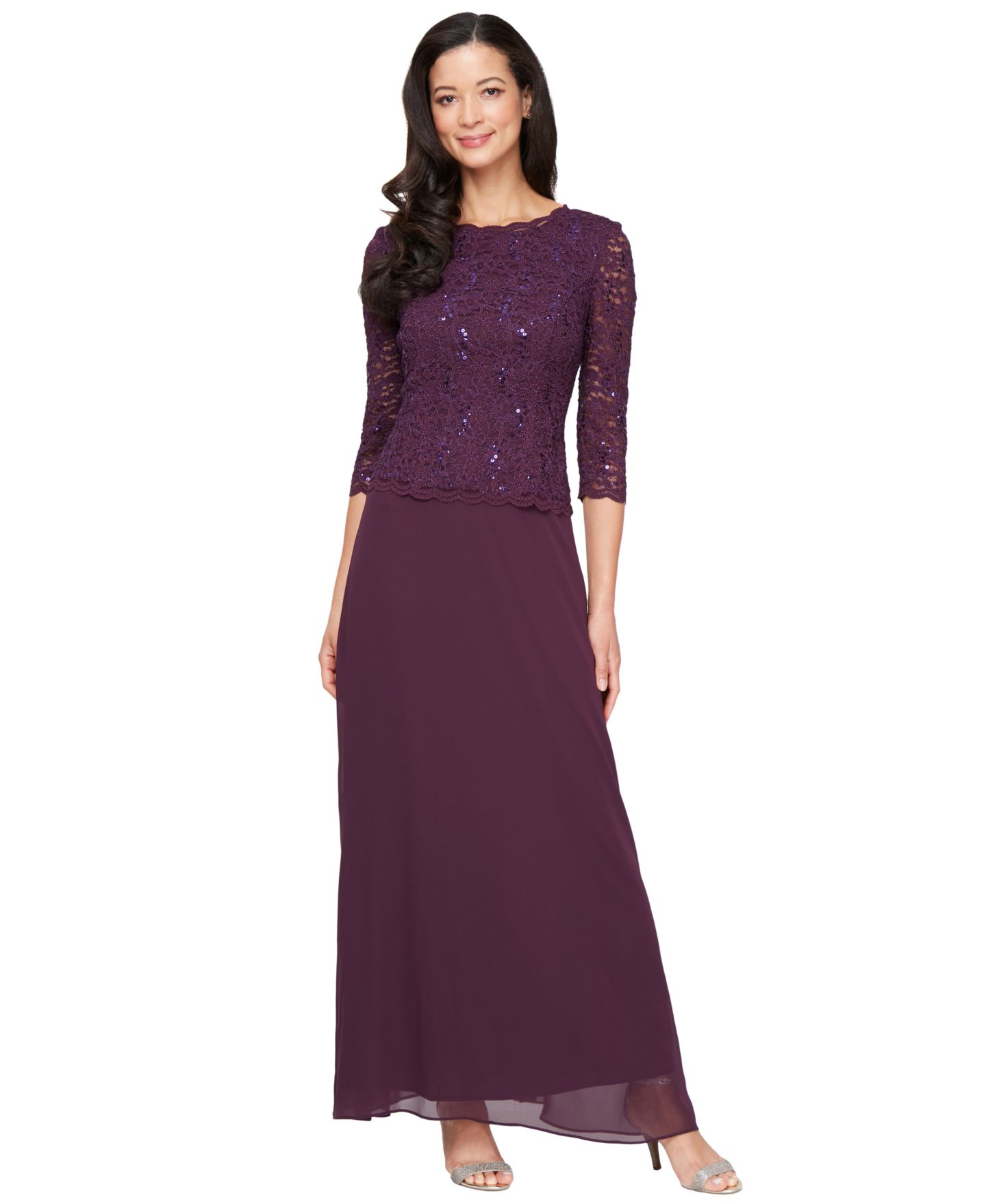 Женские платья Alex Evenings Sequin Embellished Lace Top Gown, цвет: Глубокий сливовый — фото 1