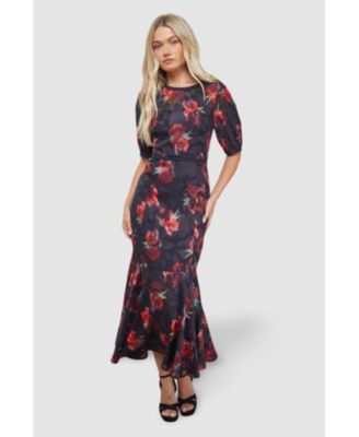 Women's Floral Stud Trim Puff Sleeve Midi Dress