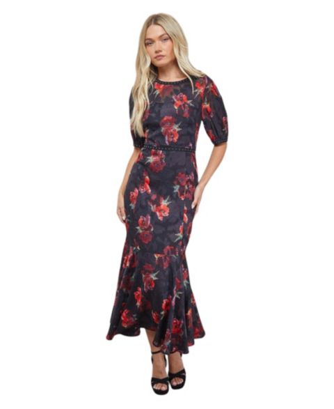 Женское платье Oasis Floral Stud Trim Puff Sleeve Midi, цвет: С принтом