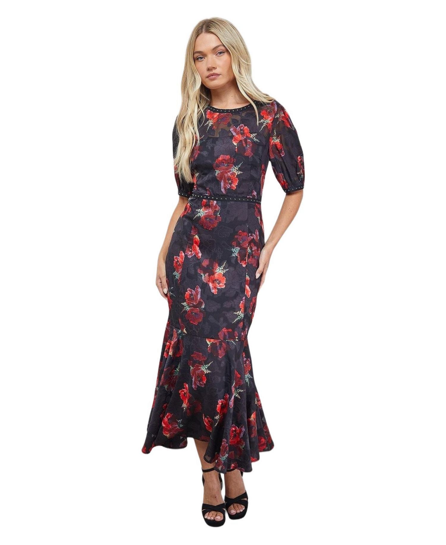 Women's Floral Stud Trim Puff Sleeve Midi Dress