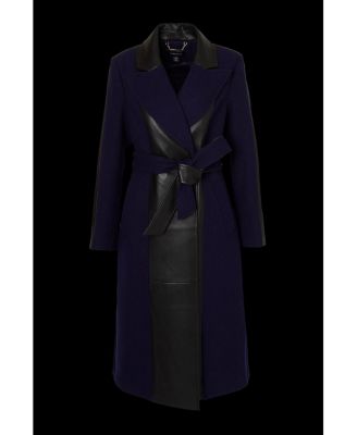 Women's Wool Pu Mix Belted Midi Coat