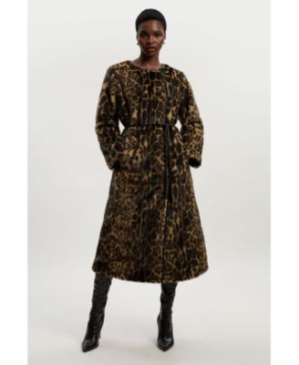 Women's Faux Fur Collarless Tie Belted Midi Coat