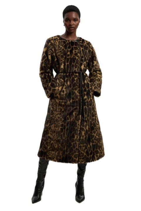 Женские куртки Karen Millen Faux Fur Collarless Tie Belted Midi Coat