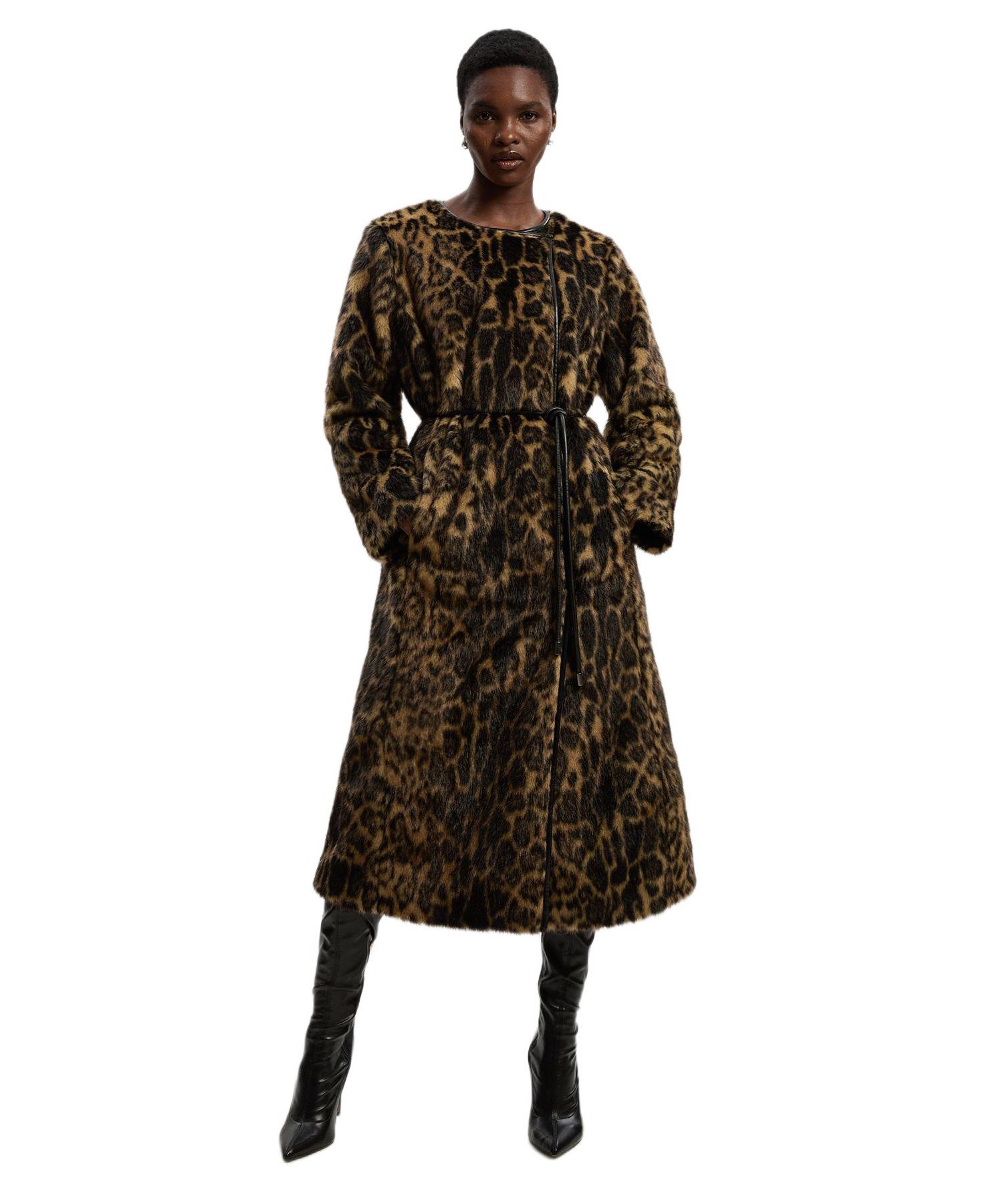 Women's Faux Fur Collarless Tie Belted Midi Coat