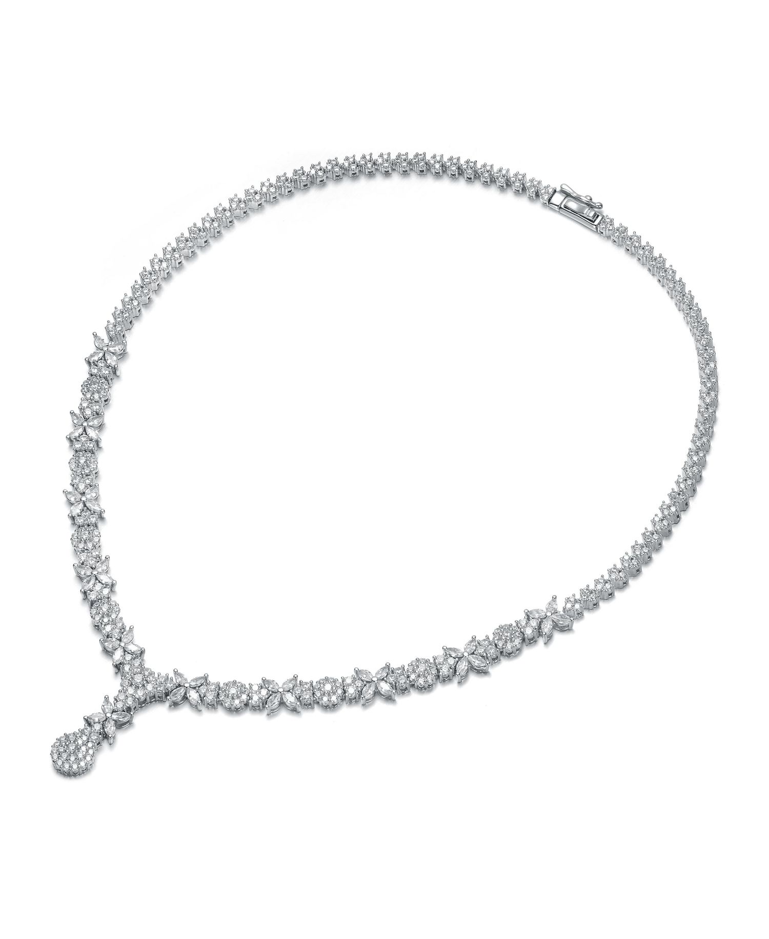 Elegant White Gold Plated Floral Cluster CZ Statement Necklace