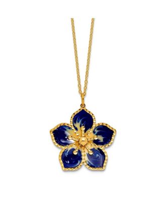 14K Yellow Gold 18 Inch Italian Navy Enamel Textured Plumeria Necklace