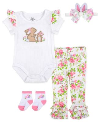 Baby Girls' Bunnies Short-Sleeve Bodysuit and Pants, 4-Piece Set