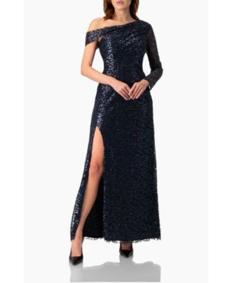 Women's Embroided Gown with Front Slit and One Sleeve