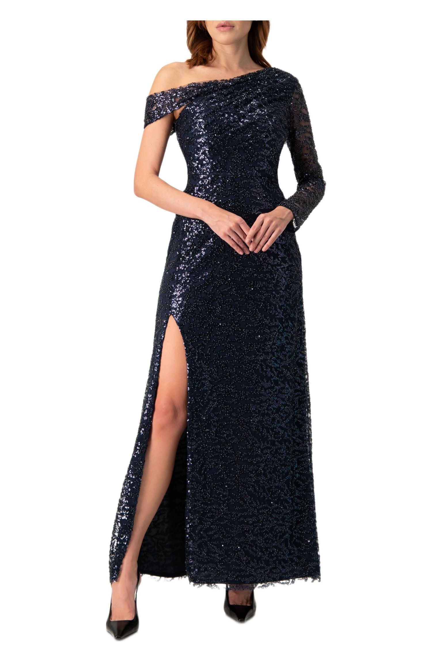 Women's Embroided Gown with Front Slit and One Sleeve