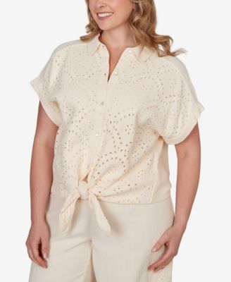 Plus Size Eyelet Front Gauze Tie-Front T-Shirt