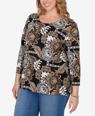 Plus Size Tropical Patchwork Scoop Neck Knit Top