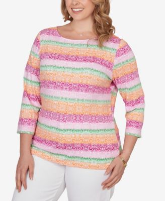 Plus Size Stripe Medallion Boat Neck Knit Top
