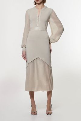 Women's Pu Trim Woven Sleeved Pleated Dress