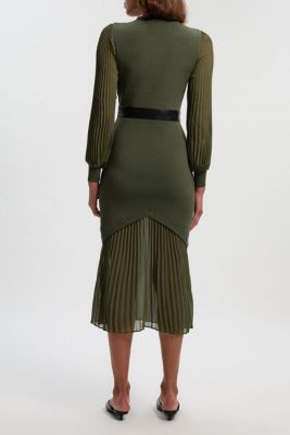 Women's Pu Trim Woven Sleeved Pleated Dress