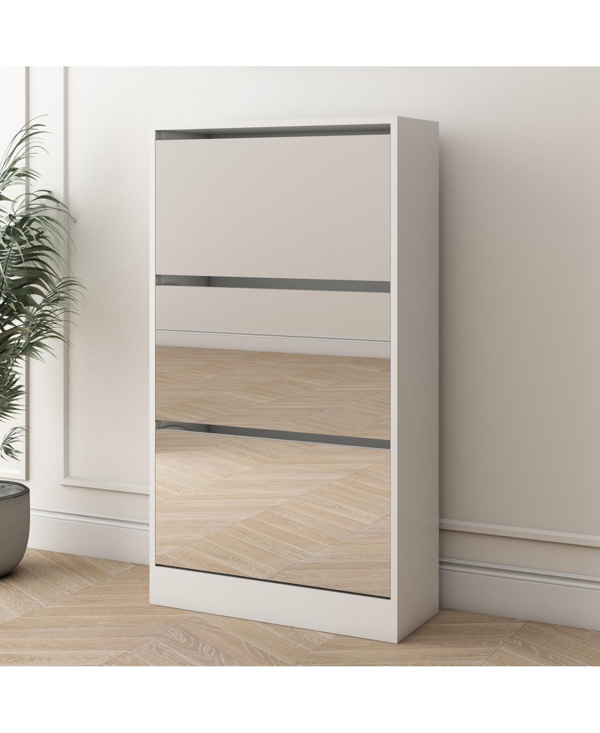 Rainsken Narrow Shoe Cabinet with Full-Length Mirror, 3-Tier Wood Shoe Storage Rack, Shoe Organizer for Entryway and Hallway