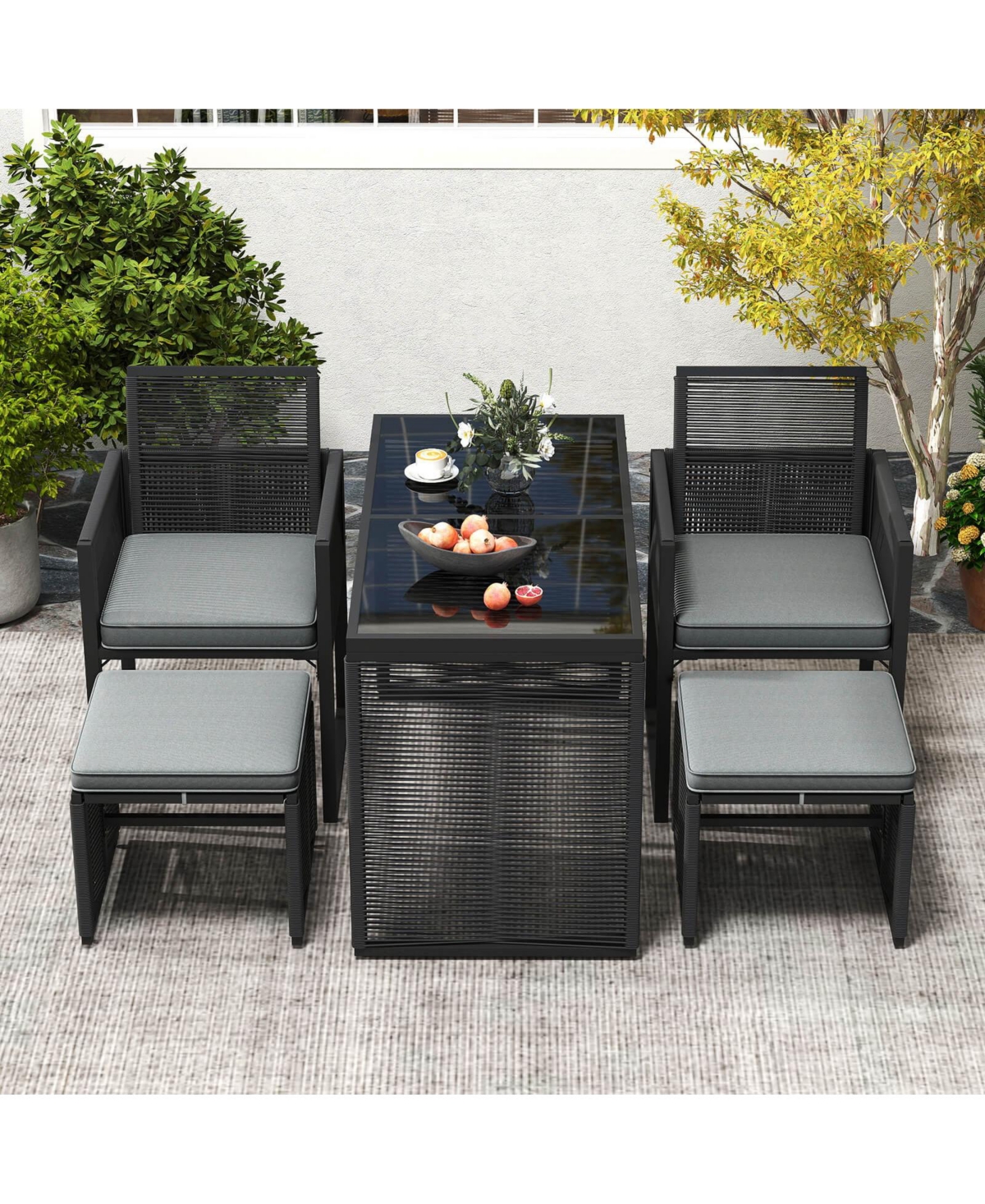 5 Pcs Pe Wicker Patio Dining Set Outdoor Conversation Set with Cushions