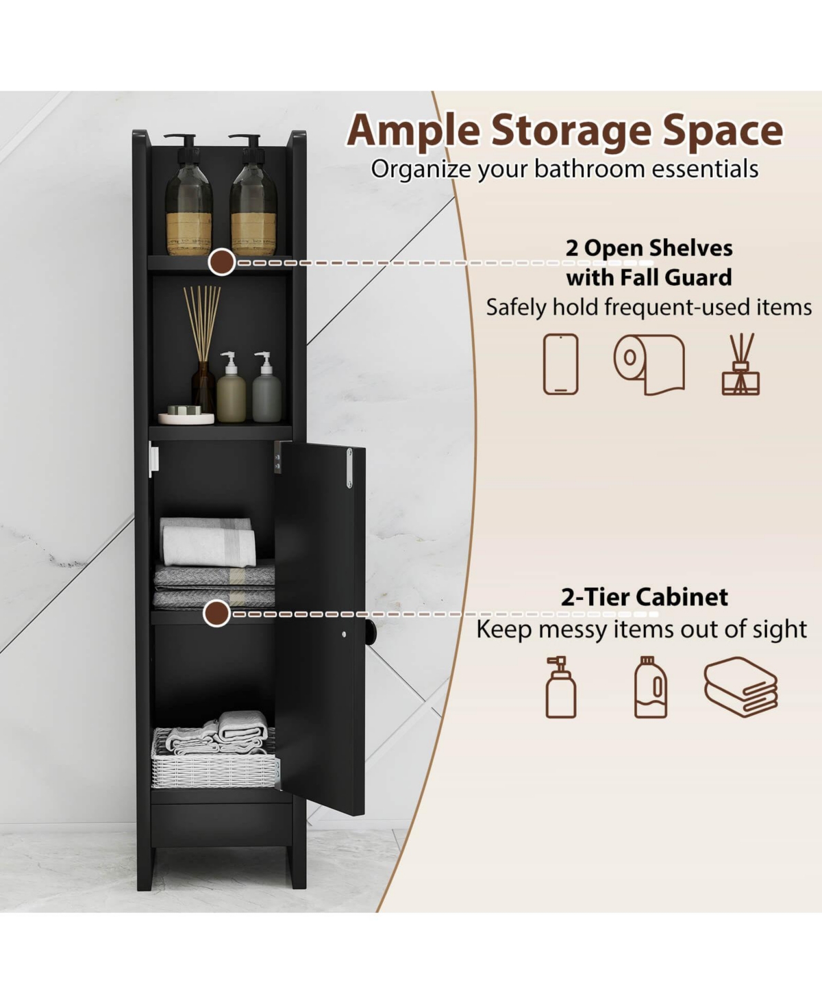 Bathroom Storage Cabinet with Adjustable Shelf 1 Door & 2 Open Shelves Living Room