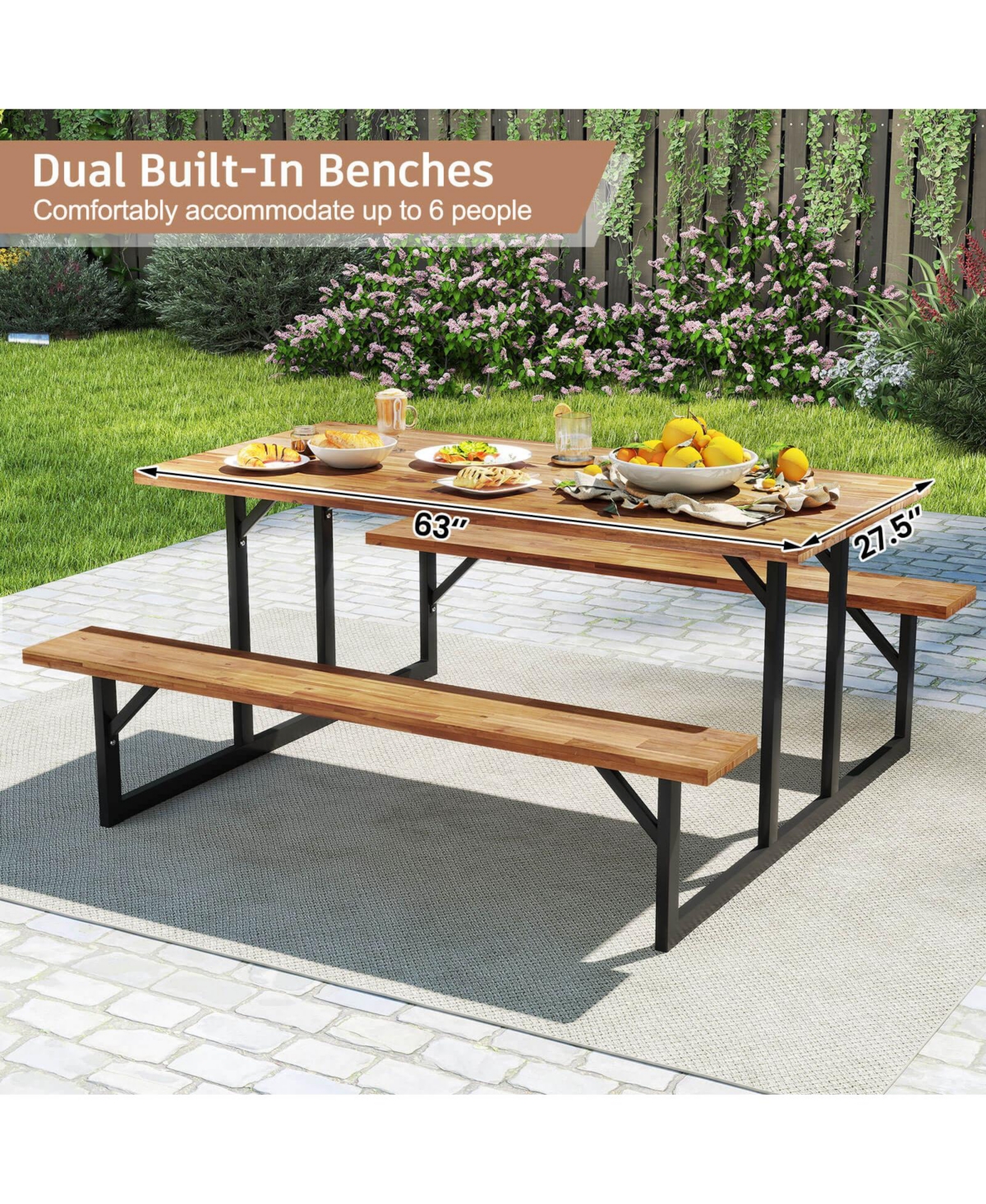 Costway 6-Person Acacia Wood Picnic Table with 2 Built-In Benches Umbrella Hole Metal Frame