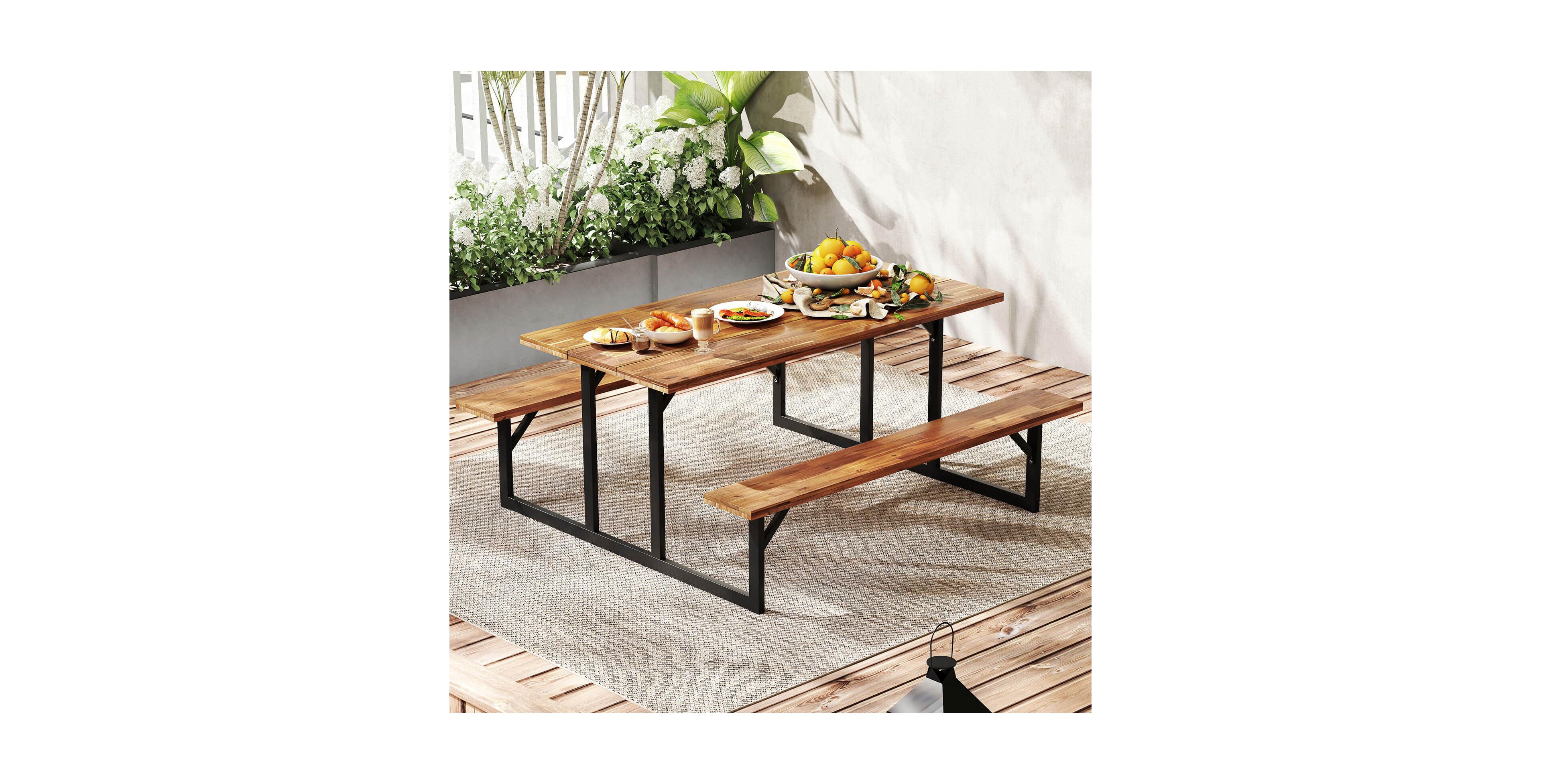 Costway 6-Person Acacia Wood Picnic Table with 2 Built-In Benches Umbrella Hole Metal Frame