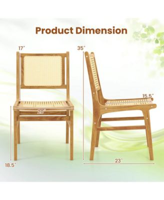 2 PCS Rattan Dining Chair with Natural Cane Woven Backrest & Seat & Teak Wood Frame