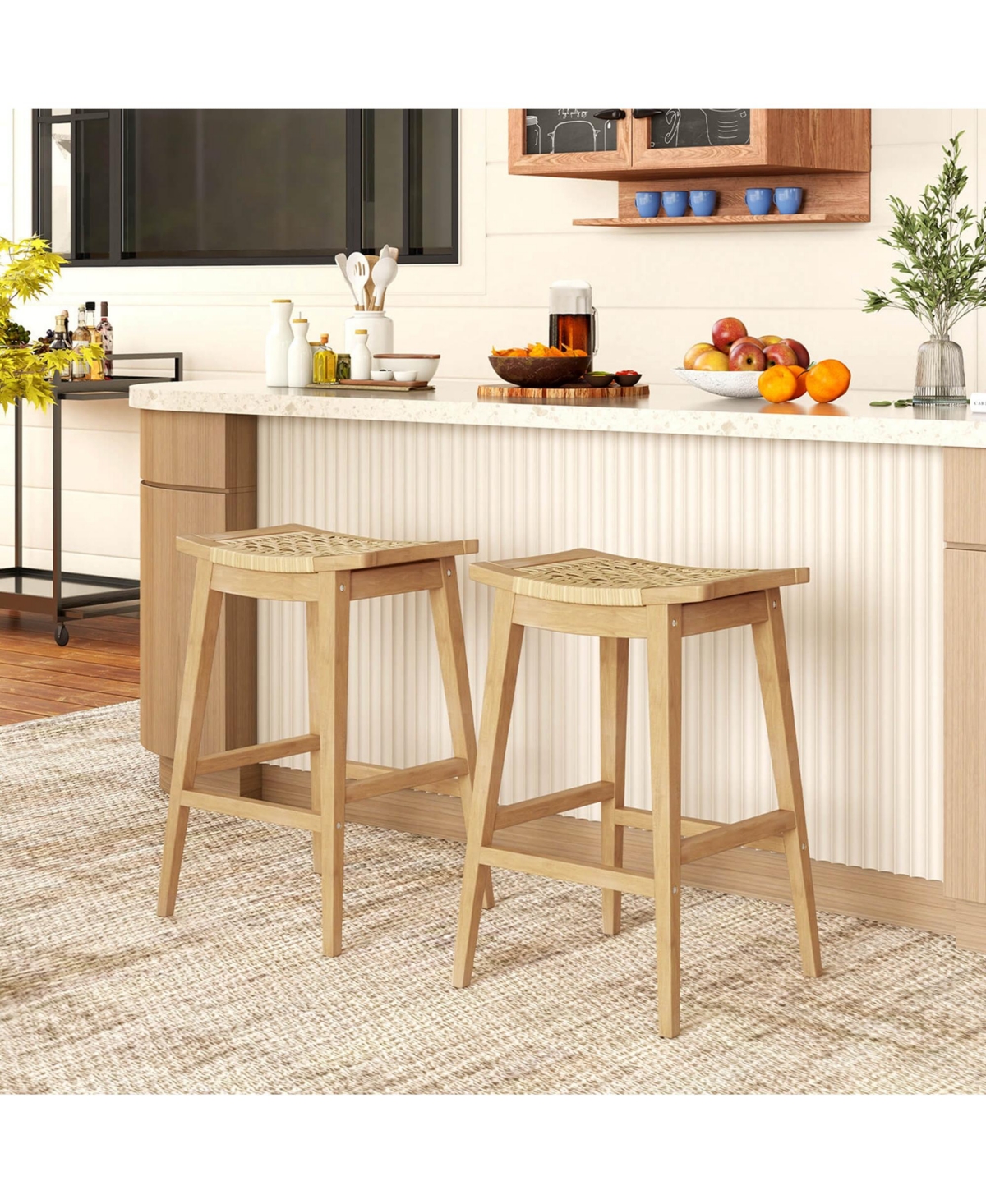 4 Pcs 29" Teak Wood Bar Stool with Footrest & Saddle Seat Boho Bar Height Stool