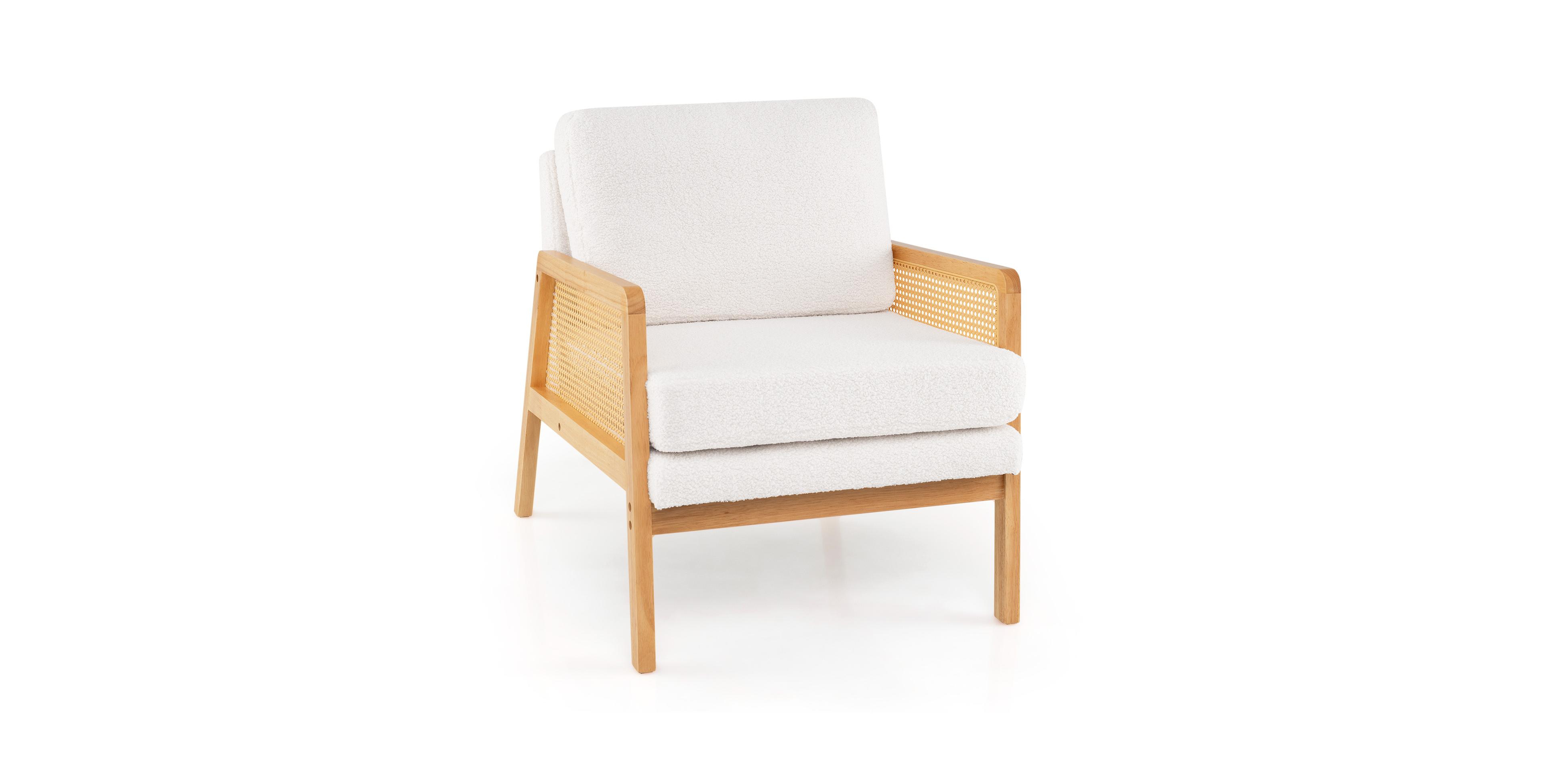 Mid Century Accent Chair Living Room Armchair with Rattan Arms Wooden