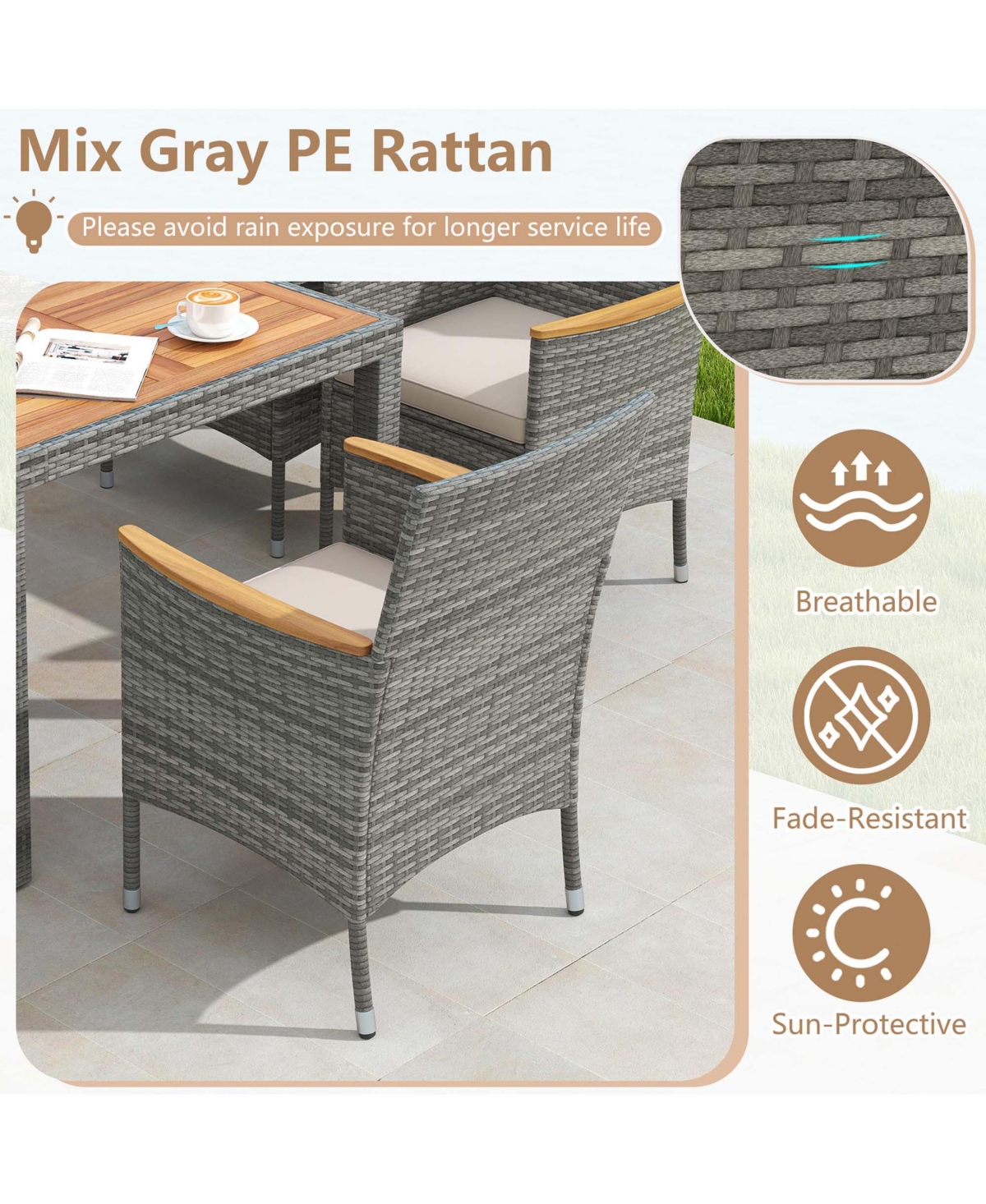 9 Pcs Patio Dining Set for 8 Table and Pe Rattan Chairs with 2"