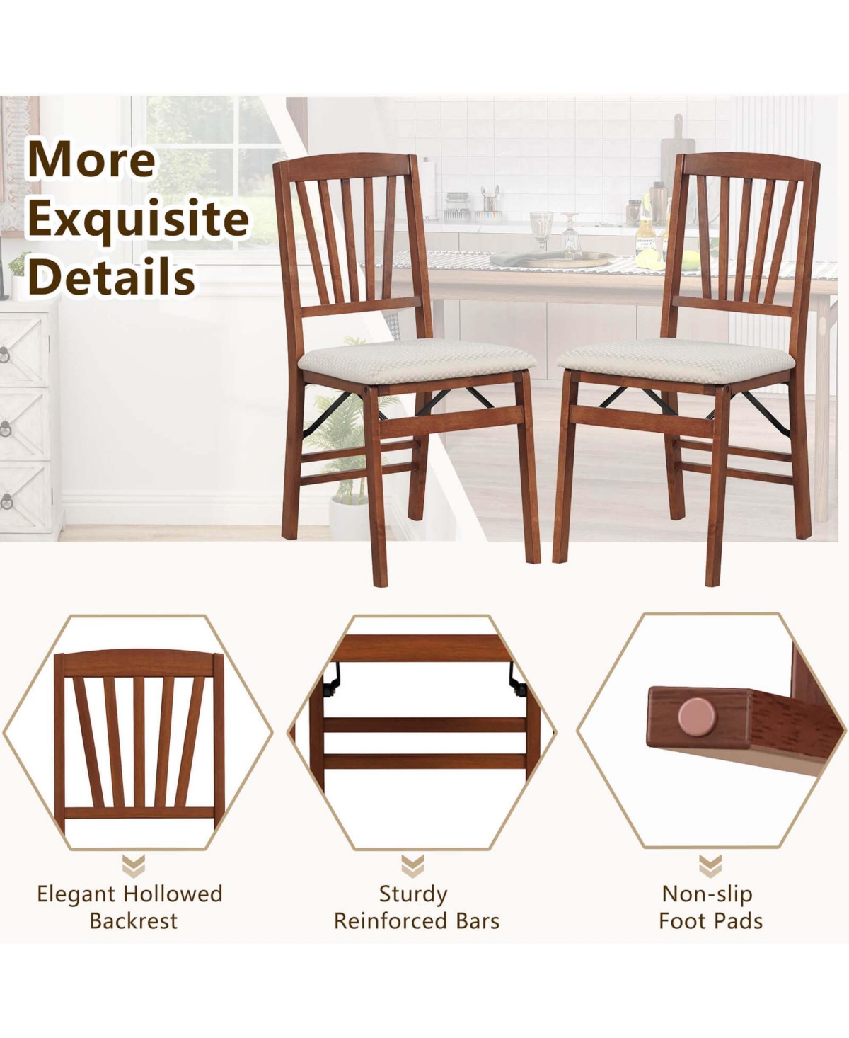 Costway Kitchen Chairs with Rubber Wood Frame Upholstered Seat Hollowed Backrest