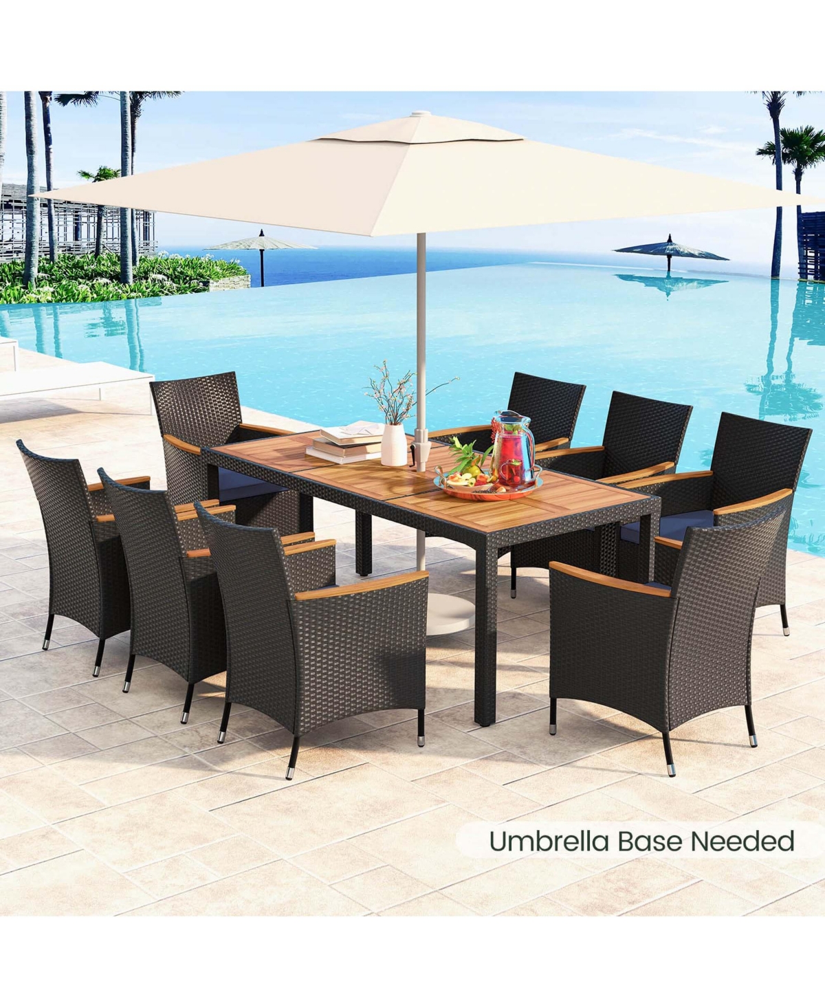 Costway 9 Pcs Outdoor Dining Set with Acacia Wood Tabletop, Umbrella Hole, Seat Cushions