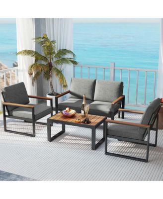 4 PCS Patio Aluminum Furniture Set Wood-Plastic Armrests & Tabletop for Balcony