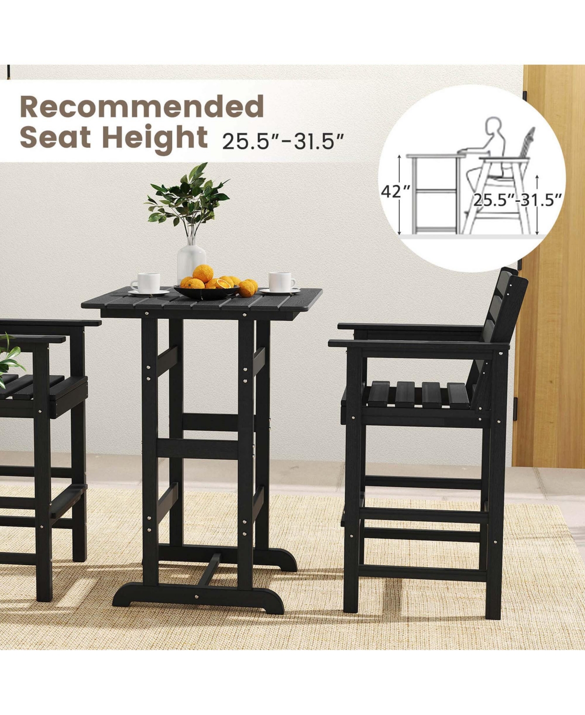 3-Piece Patio Hdpe Bar Set Armchairs with Square High-Top Table Footrest & Backrest