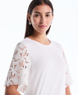 Petite Draped Lace Crew Neck Top