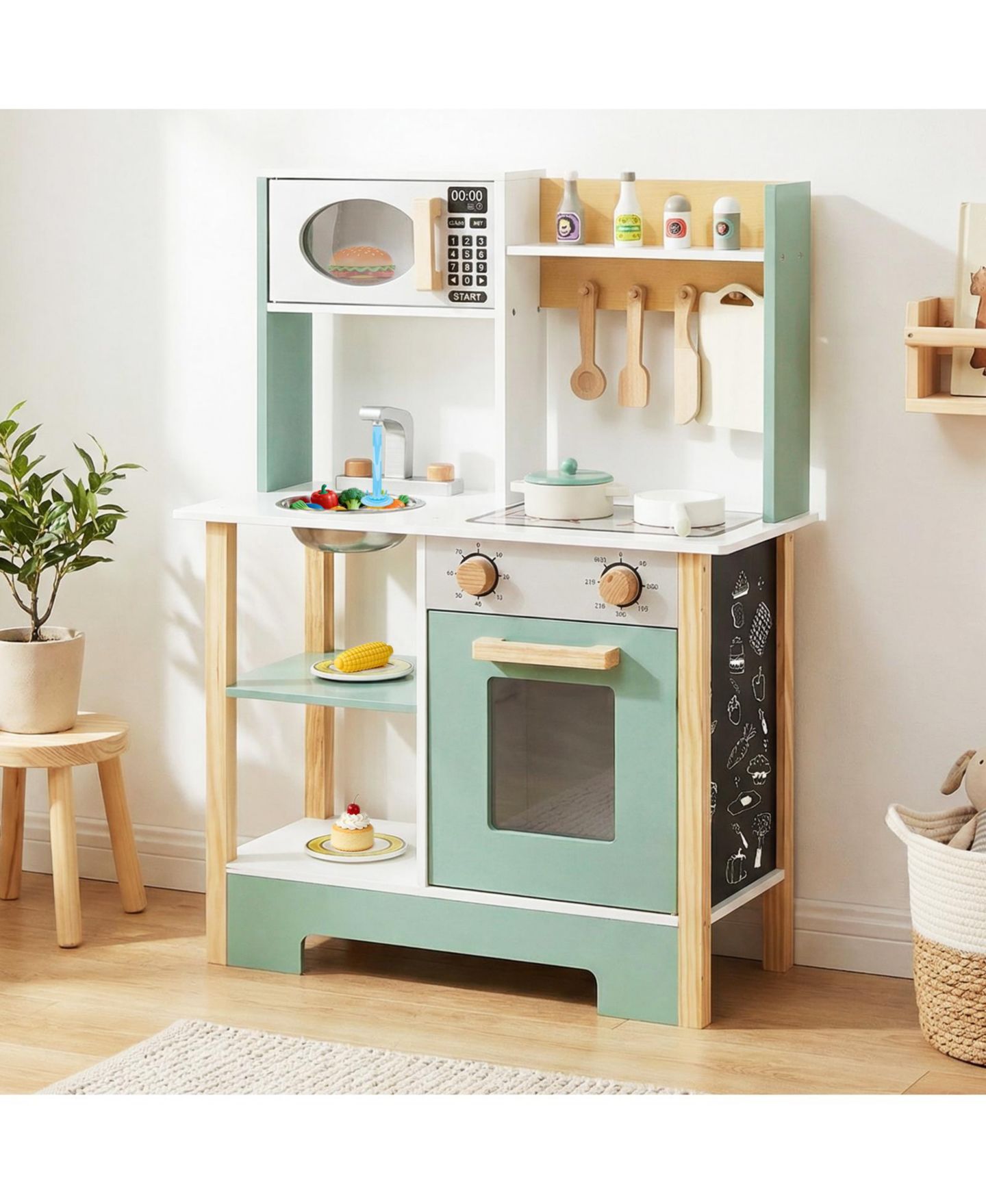 Детские игрушки Mecale Wooden Chalkboard 13-Piece Play Kitchen, Ages 3+, цвет: Зелёный — фото 2