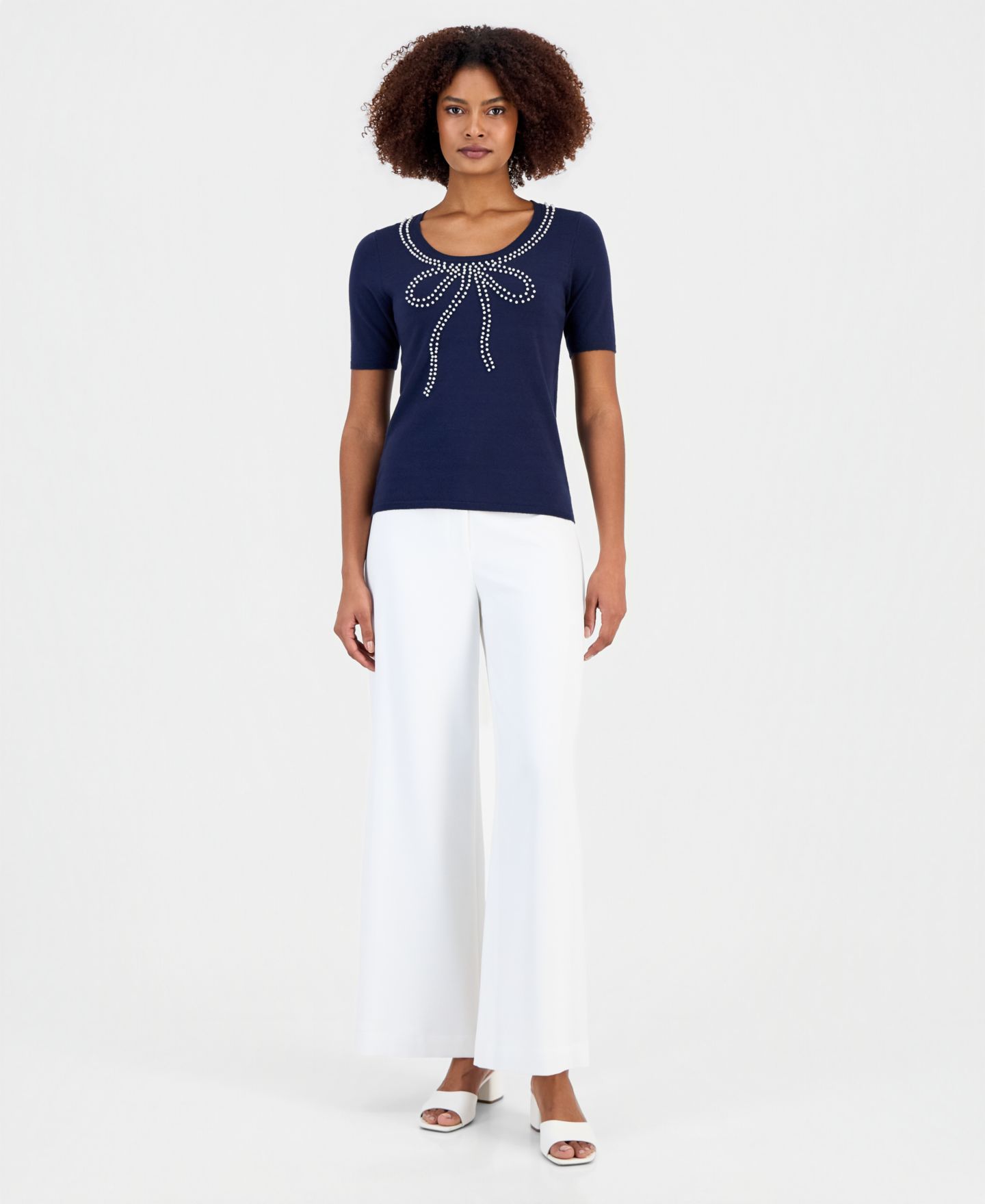 Женский топ T Tahari Embellished-Bow Scoop-Neck, цвет: Тёмно-синий — фото 3